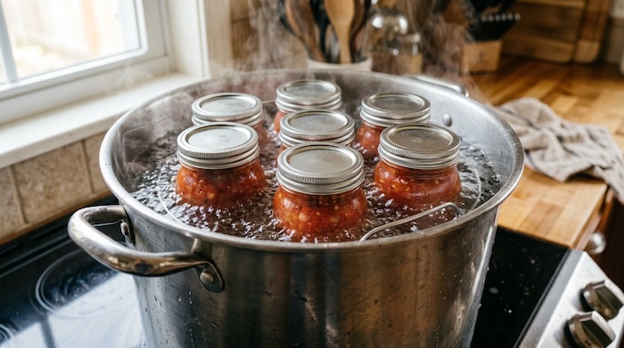 Mason jars processing in a boiling water bath canner