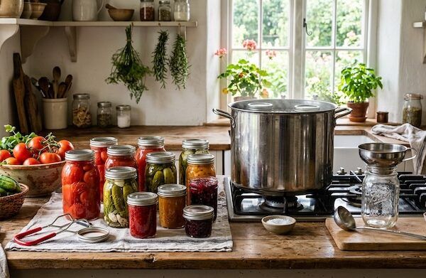 Water bath canning supplies and jars of home-canned garden produce