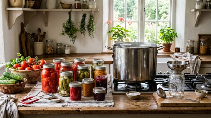 Water bath canning supplies and jars of home-canned garden produce