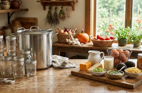 Foods that should not be home canned beside Mason jars and a canner
