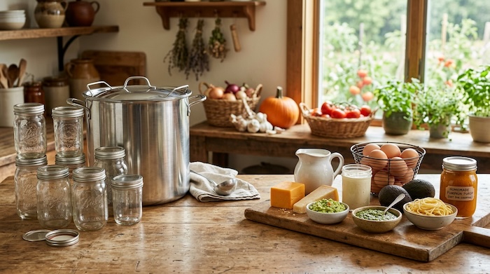 Foods that should not be home canned beside Mason jars and a canner