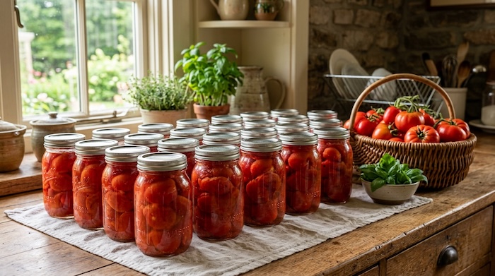 Jars of home-canned tomatoes cooling on a kitchen counter