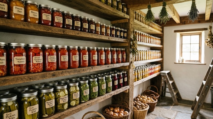 Properly labeled home-canned foods stored on pantry shelves