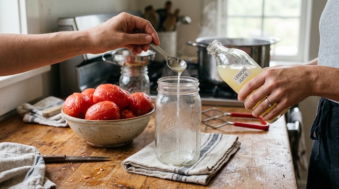 Measuring bottled lemon juice for acidifying home-canned tomatoes