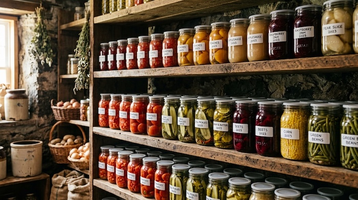 Home-canned garden produce stored in Mason jars on pantry shelves