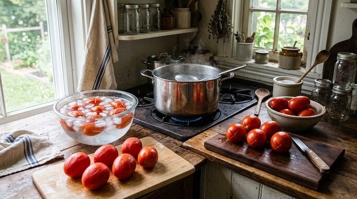 Roma tomatoes being blanched and peeled for home canning