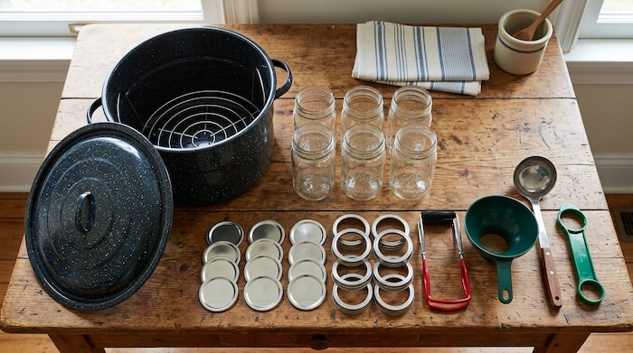 Essential supplies and tools for water bath canning