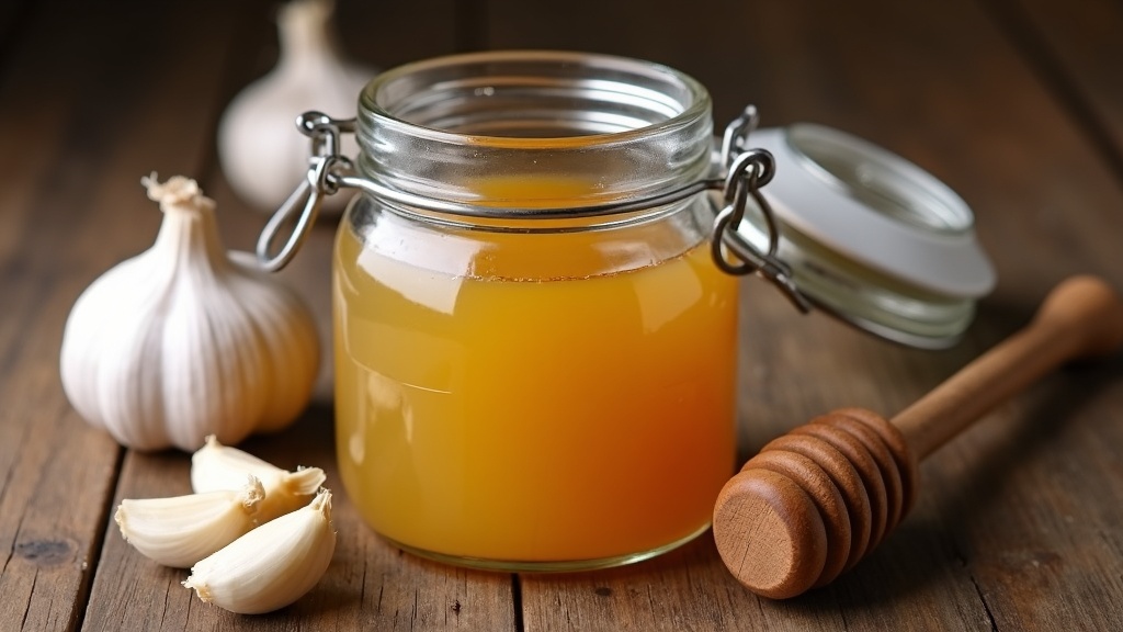 Jar of fermented garlic honey on a rustic kitchen table