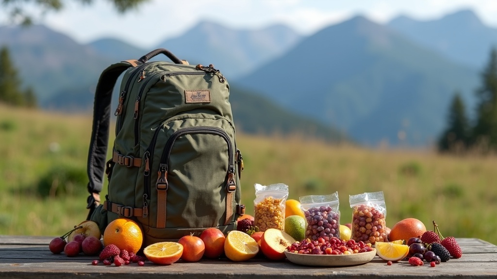 A travel backpack surrounded by assorted freeze dried snacks and fruits on a rustic outdoor table, with mountains in the background.