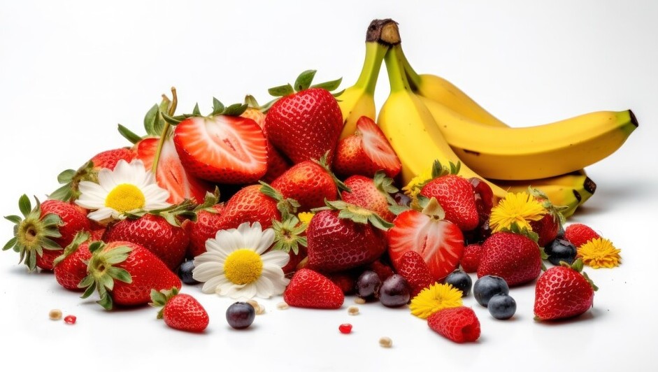 strawberries blueberries, bananas and apples