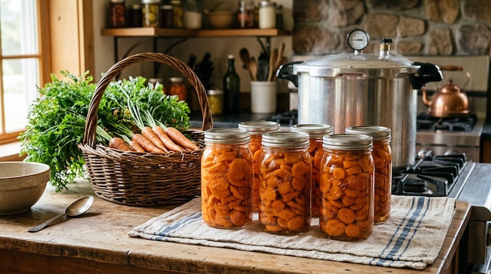 Jars of pressure-canned carrots cooling after processing