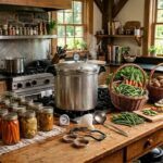 Pressure canner with fresh garden vegetables and jars of home-canned vegetables