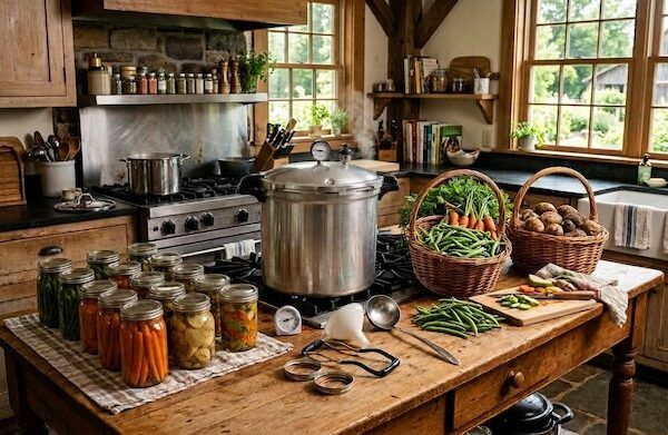 Pressure canner with fresh garden vegetables and jars of home-canned vegetables