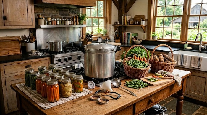 Pressure canner with fresh garden vegetables and jars of home-canned vegetables