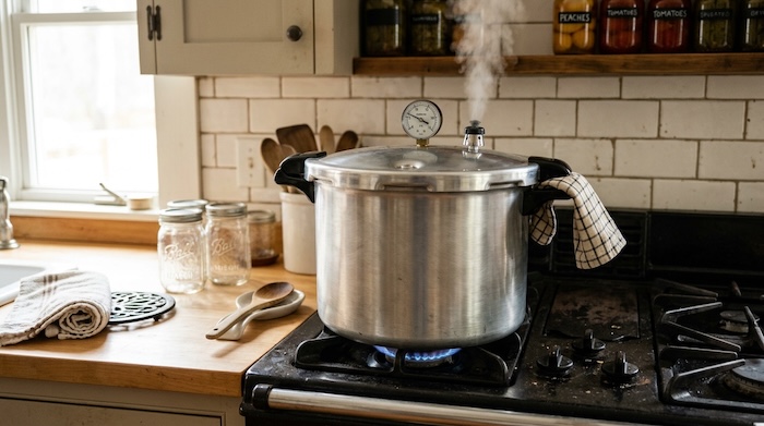 Stovetop pressure canner processing home-canned vegetables