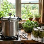 Pressure canner with fresh green beans and jars of home-canned green beans