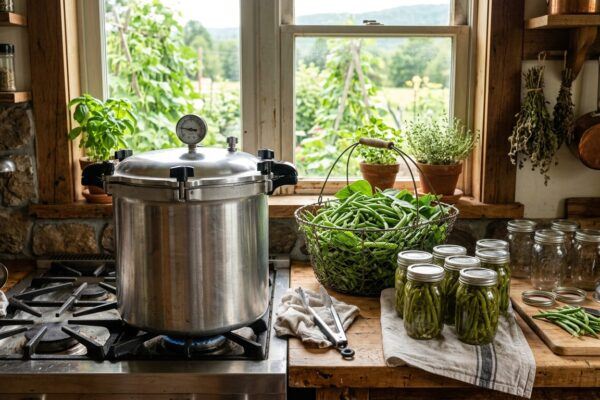 Pressure canner with fresh green beans and jars of home-canned green beans