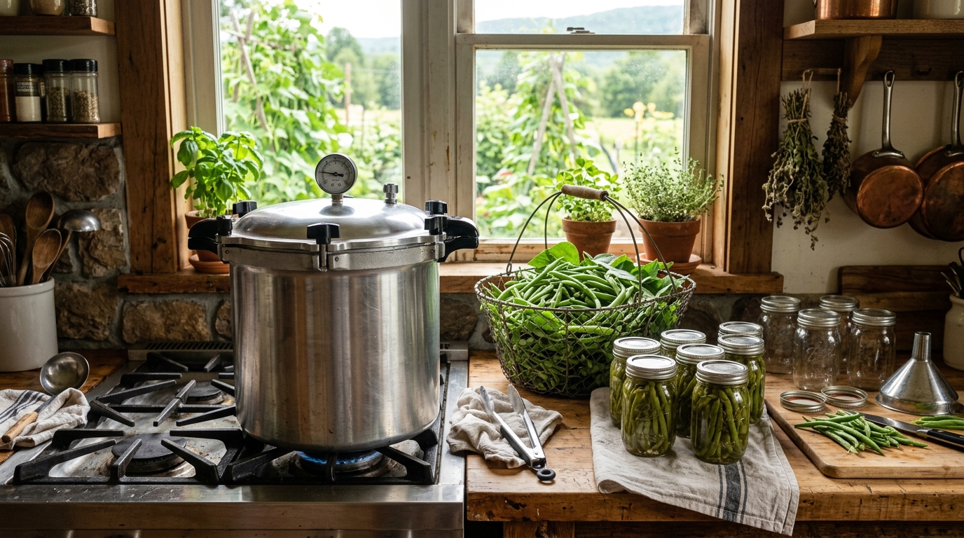 Pressure canner with fresh green beans and jars of home-canned green beans