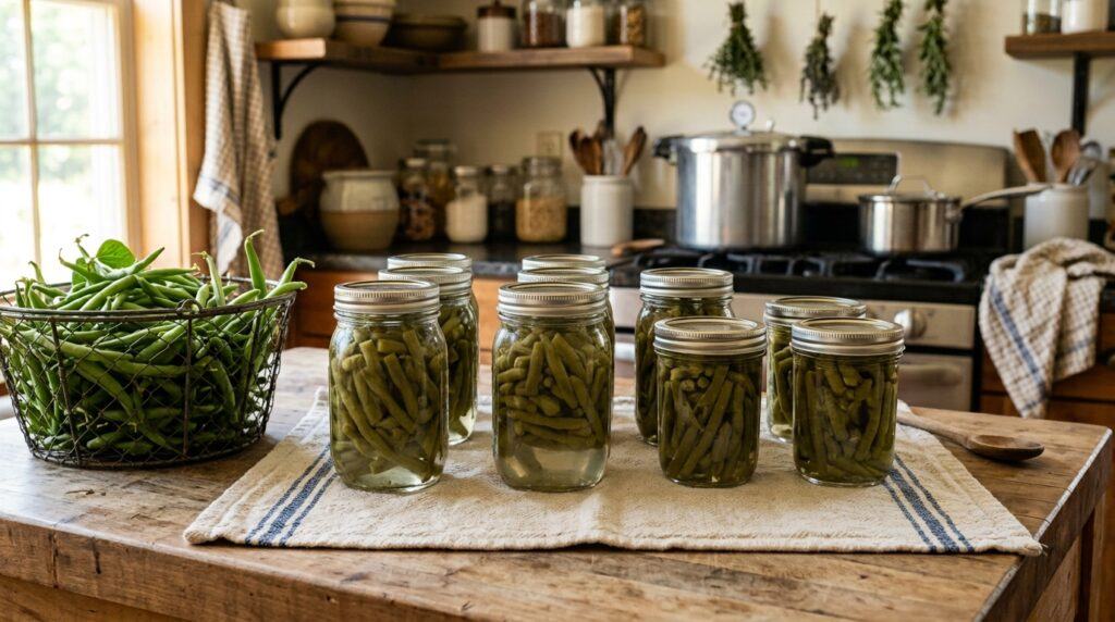 Jars of home-canned green beans cooling after pressure canning