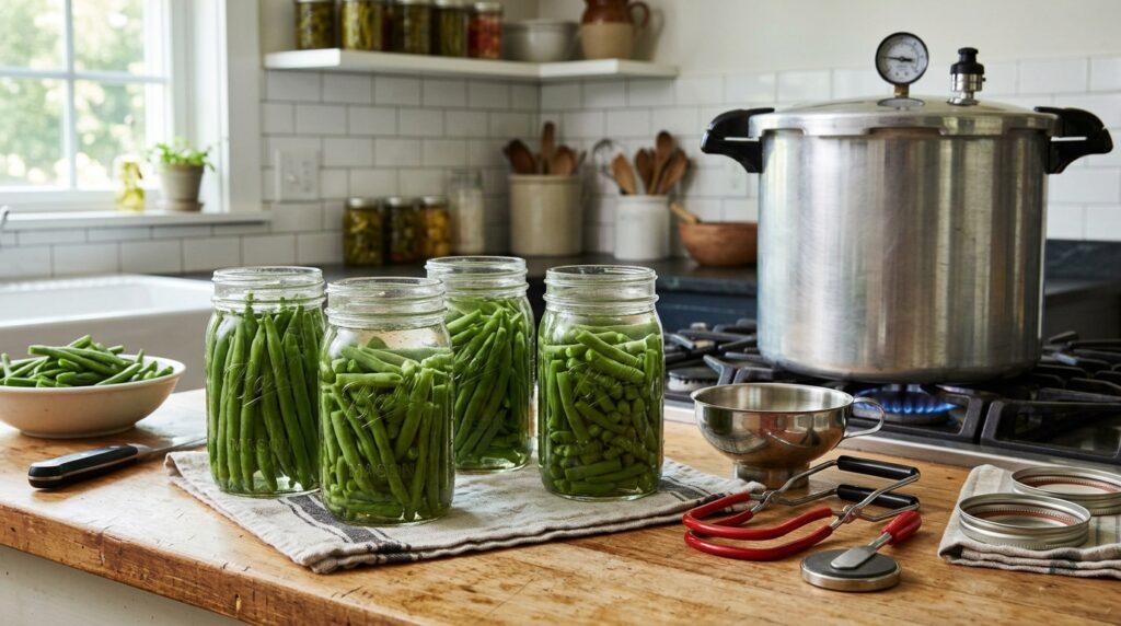 Mason jars filled with green beans and ready for pressure canning