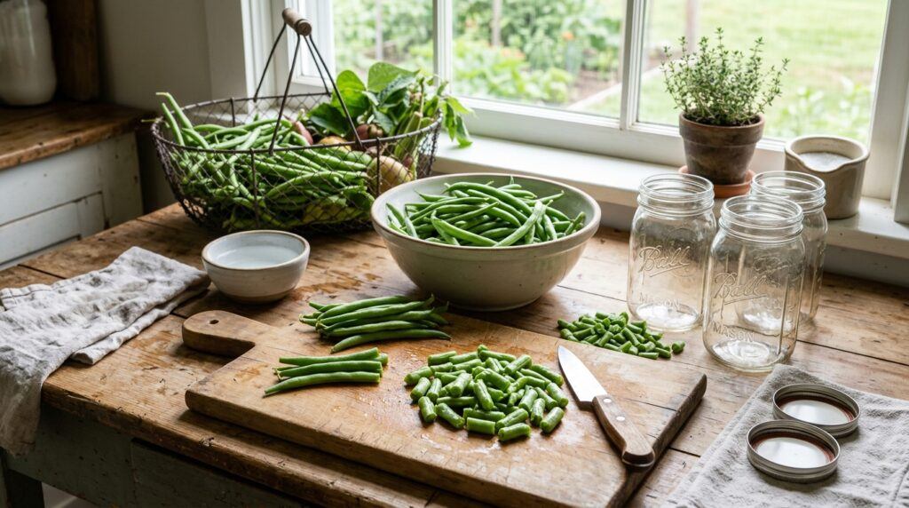 Fresh green beans trimmed and cut into pieces for pressure canning
